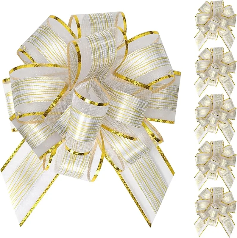 Poeland 6 piezas de lazos tirados para decoración de regalos para envolver regalos, decoración de fiesta, lazos para auto, boda, día de San Valentín, decoraciones de cumpleaños (blanco, dorado) — Envoltorio regalo