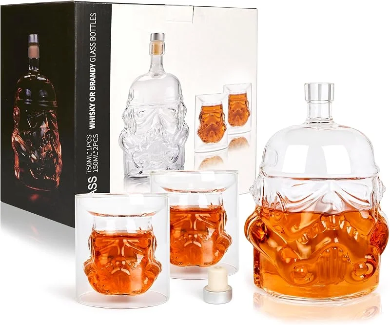 JUSSES Botella de whisky con 2 vasos de whisky, decantador de whisky de 750 ml, regalos para hombres, juego de whisky para bourbon, malta, jameson, irlandés, vino, escocés, brandy — Vino y mesa festiva