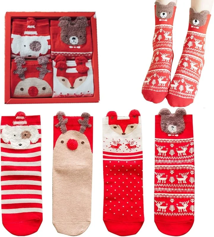 KOIROI 4 pares de calcetines de Navidad, calcetines de Navidad, calcetines para hombre y mujer, calcetines de Navidad, calcetines cálidos de algodón de Navidad, coloridos calcetines divertidos — Decoracion Navidad