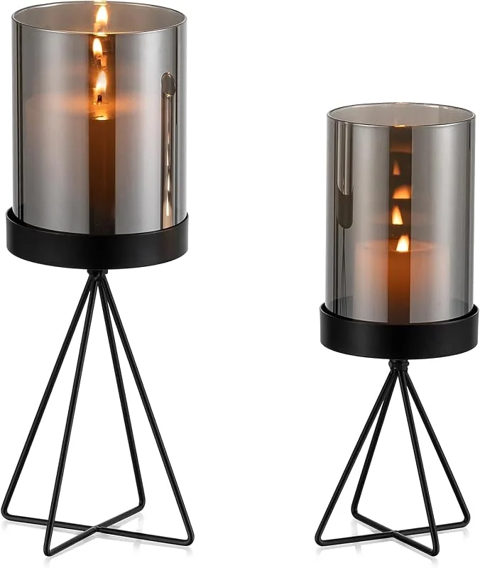 Visita la tienda de Sziqiqi Sziqiqi Portavelas de Columna Negro Decoración: Candeleros Metal con Cilindro de Vidrio Gris Decoración Mesa - Moderno Portavelas de Velas Pequeñas Geométrico para Sala Chimenea Ventanales Exteriores — Cena a la luz de velas