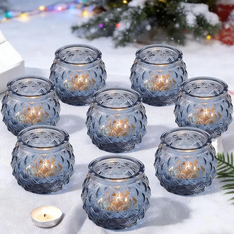 Jinavoty 12 portavelas de cristal para velas de té, portavelas votivos azules para centro de mesa, boda, decoración del hogar (azul) — Cena a la luz de velas