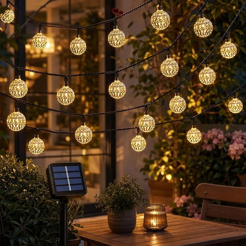 Sathychanpy Cadena de Luces Marroquíes LED Solar 12M 100LED, Guirnalda de Luces para Exterior con 8 Modos Blanco Cálido, Decoración Impermeable para Jardín Terraza Balcón Fiesta — Luces Navidad