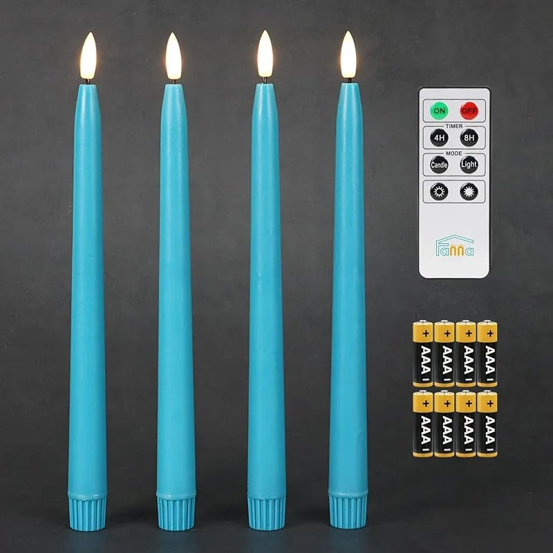Visita la tienda de Fanna Fanna 4 Velas cónicas Led azules sin llama con temporizador, Velas Turquesa a Pilas para candelabros, acabado de cera real, Mando a distancia y pilas incluidas, Altura 28cm — Cena a la luz de velas