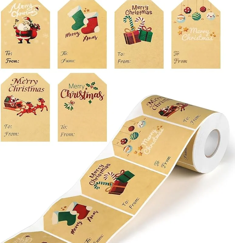500 etiquetas adhesivas, pegatinas de regalo de papel kraft, etiquetas de nombre, etiqueta autoadhesiva de Navidad para tarjetas y cajas de regalo (60 x 80 mm, 6 diseños) — Envoltorio regalo