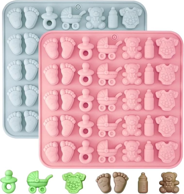 Prasacco 2 moldes de silicona con forma de ositos de goma, para baby shower, chocolate, huellas de bebé, chupete, cochecito, oso, botella, ropa de bebé, dulces, caramelos, chocolates, pasteles — Hogar y cocina