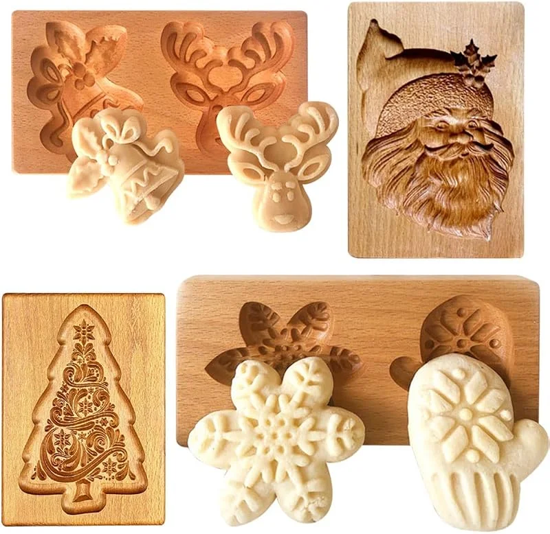 YANGSHINE 4 Moldes de Madera Tallados para Galletas - Sellos, Cortador, Divertido Molde de Prensa 3D - Herramienta de Horneado para Navidad — Hogar y cocina