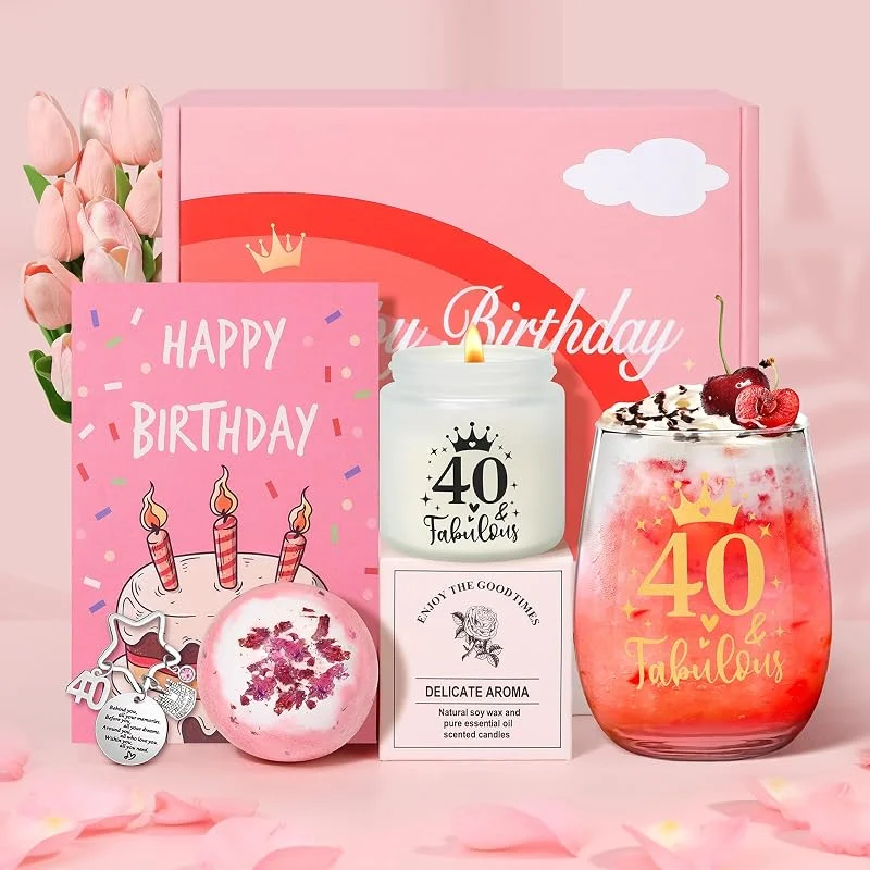 Tecanne Regalos de cumpleaños número 40 para mujeres, regalos de cumpleaños para ella, juego de regalo de copa de vino personalizable para 40 años, caja de regalo para mamá, hermana, mejores amigas — Vino y mesa festiva