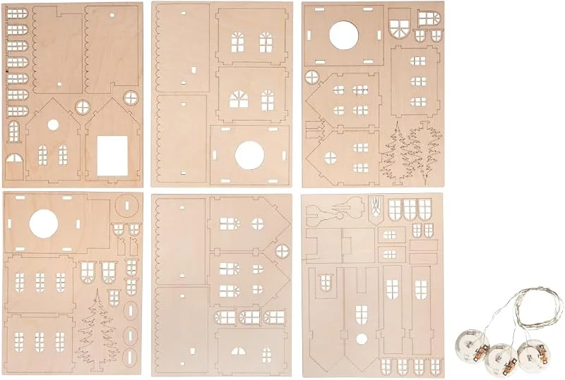 Rayher Maqueta madera casitas, 84 piezas, 7-19 cm, luces LED, decoración, 46755505 — Decoracion Navidad