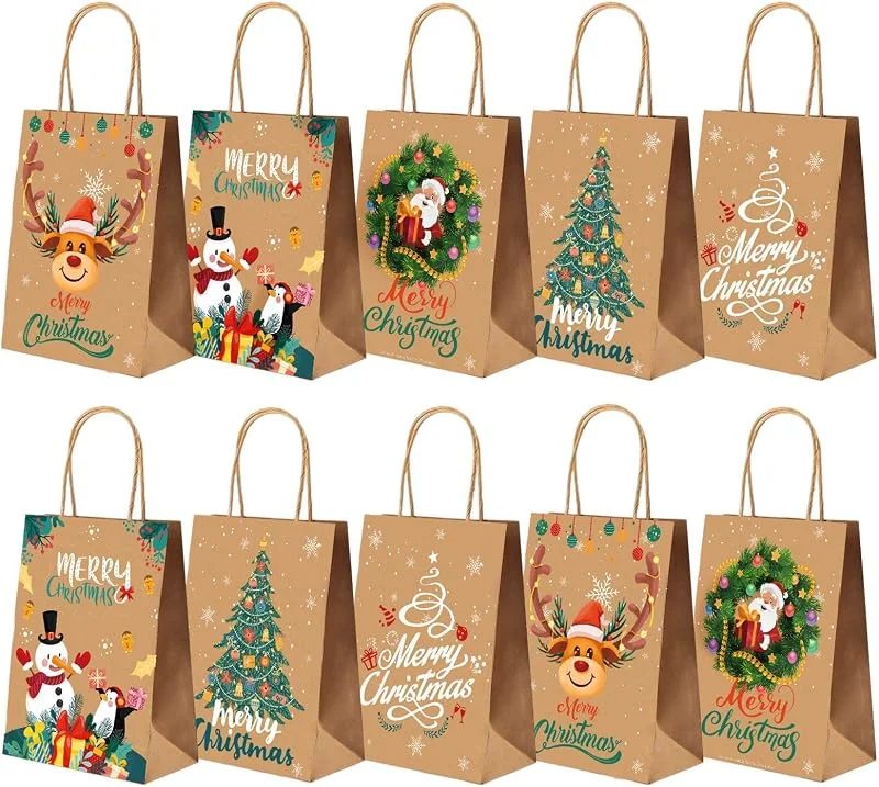 AUXHCYL 10 Piezas Bolsas Regalo Navidad, Bolsas Navidad de Kraft Reutilizables Asas — Envoltorio regalo