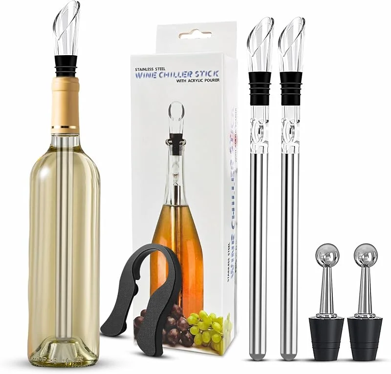 NefLaca 7 en 1 - Enfriador de vino (varilla de acero inoxidable, incluye 2 varillas, vertedor, cortador de láminas, tapón de botella, apto para cualquier tamaño de botella, regalo para amantes del — Vino y mesa festiva