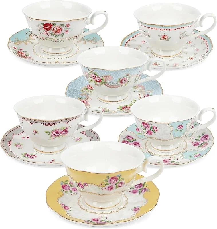 Visita la tienda de fanquare fanquare Taza de Café y Plato de Porcelana Floral de Colores, Juego de Taza de Té Inglés para 6, Juego de Fiesta de Té de Rosas Vintage para Mujeres, FKT0565A — Adviento y mesa