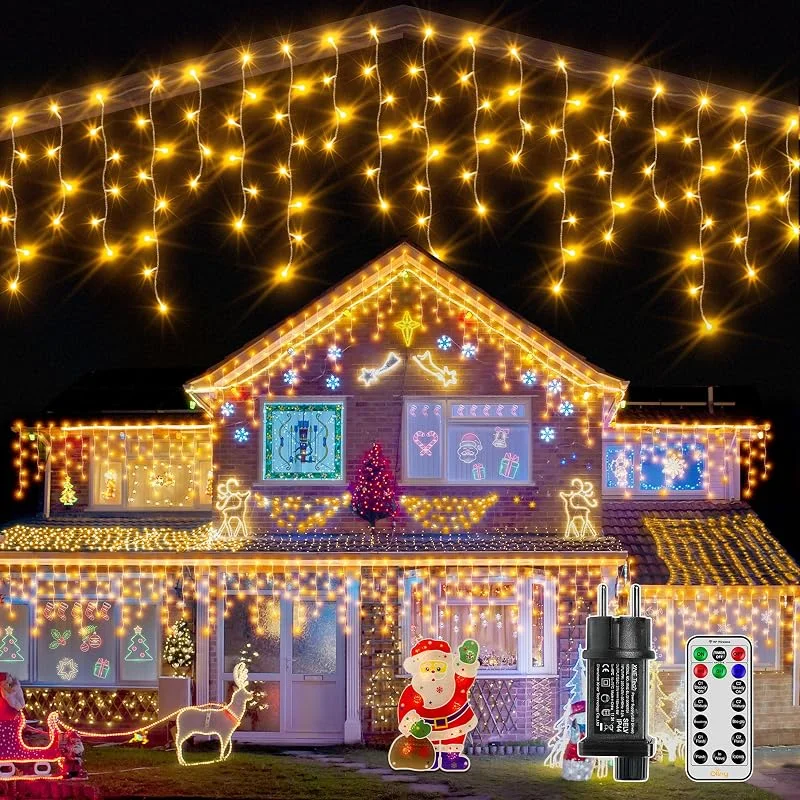 Ollny Guirnalda Luces Exterior 15M, 594 LED Cortina de Luces 8 Modos Impermeable Cascada Luces Decoración de Interiores y Exteriores para Navidad, Fiestas Jardín Balcon Ventana (Blanco Cálido) — Luces Navidad