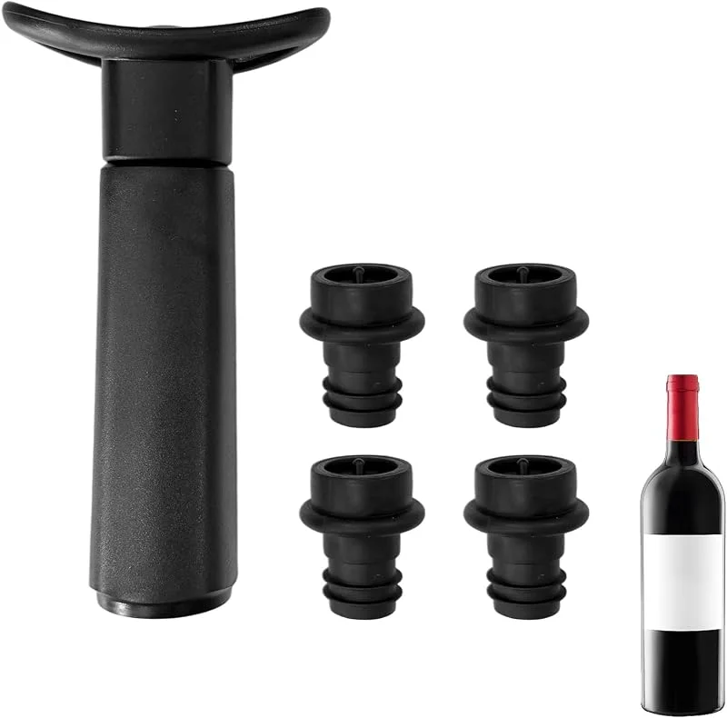 Veruydita Bomba de Vacío Wine Saver con 4 Tapones Reutilizables, Tapones para Botellas de Vino y Conservador de Vino, Sellador Hermético Antioxidación Que Mantiene el Sabor y Aroma Fresco hasta por 10 Días — Vino y mesa festiva
