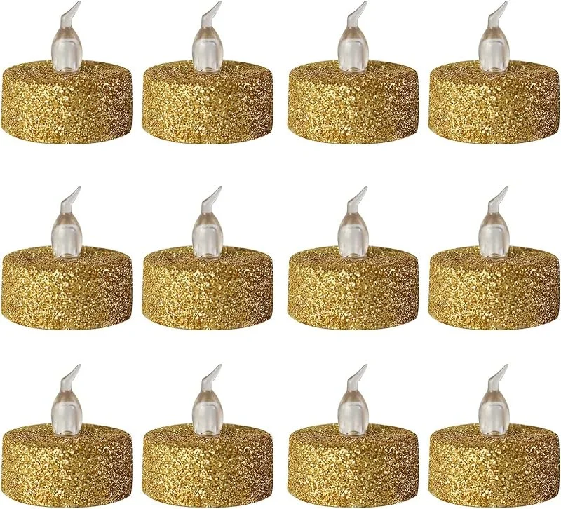 YiYFiT Velas de té LED con purpurina dorada, 2 velas de té falsas de color amarillo cálido parpadeantes, velas de té realistas sin llama para Navidad, Pascua, Halloween, boda, fiesta — Cena a la luz de velas