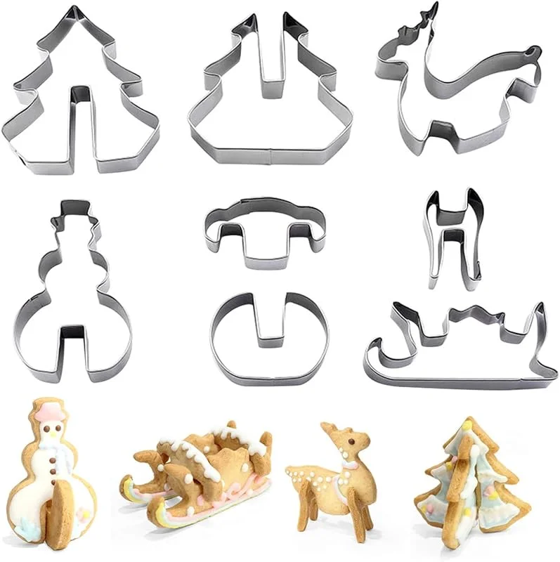 ZEACCT 8 Piezas Molde de Galletas Navideñas, Acero Inoxidable Molde para Galletas, 3D Casa Galleta de Jengibre, Cortador de Galletas, Árbol de Arboles de Navidad, Renos, Herramientas para Hornear — Hogar y cocina