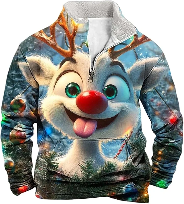 Genérico Jersey de Navidad para hombre, divertido forro polar, cárdigan de Navidad, sudadera navideña para hombre, impresión 3D, cárdigan de reno, 1, 4 cremallera, cárdigan de Navidad, otoño e invierno Regalos — Ropa Navidad