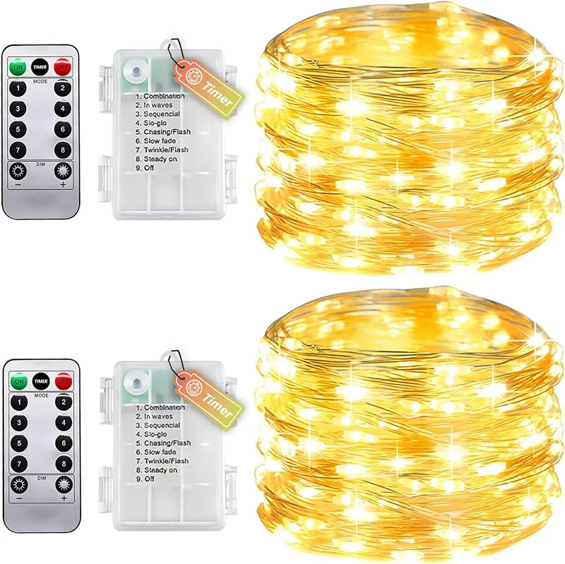 Molicar Juego de 2 luces de alambre con temporizador y mando a distancia, pequeña cadena de luces interior con batería, 10 m, 100 LED, impermeabilidad IP65, sin pilas, para dormitorio, boda — Luces Navidad