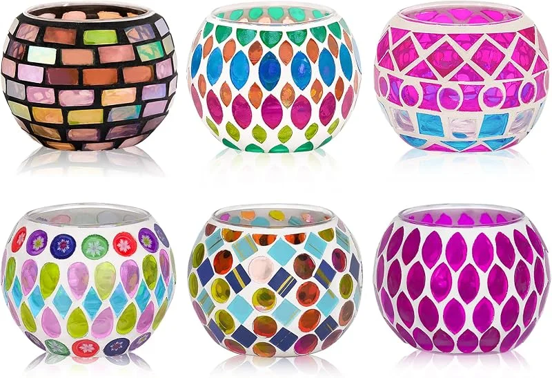 Toptime Portavelas para Velas de Té, Set de 6 Portavelas de Vidrio Mosaico de Colores, Portavelas Románticos para Velas Votivas Hechos a Mano y Redondos para Fiestas, Bodas y Navidad — Cena a la luz de velas