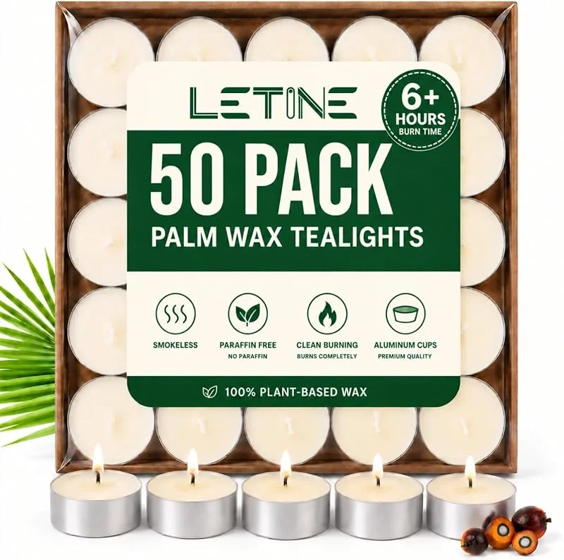 LETINE Velas de té de cera de palma, 50 unidades, 6 horas, sin parafina, velas pequeñas sin fragancia, velas blancas, de larga duración, para bodas, fiestas, hogar y emergencias — Cena a la luz de velas