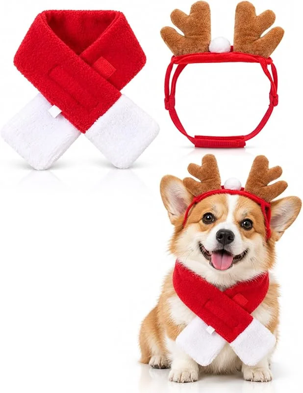FIRZOM 2 Piezas Diadema de Cuernos de Reno y Bufanda Navideña para Mascotas, Traje Festivo Ajustable con, Accesorio Cómodo para Perros y Gatos — Ropa Navidad
