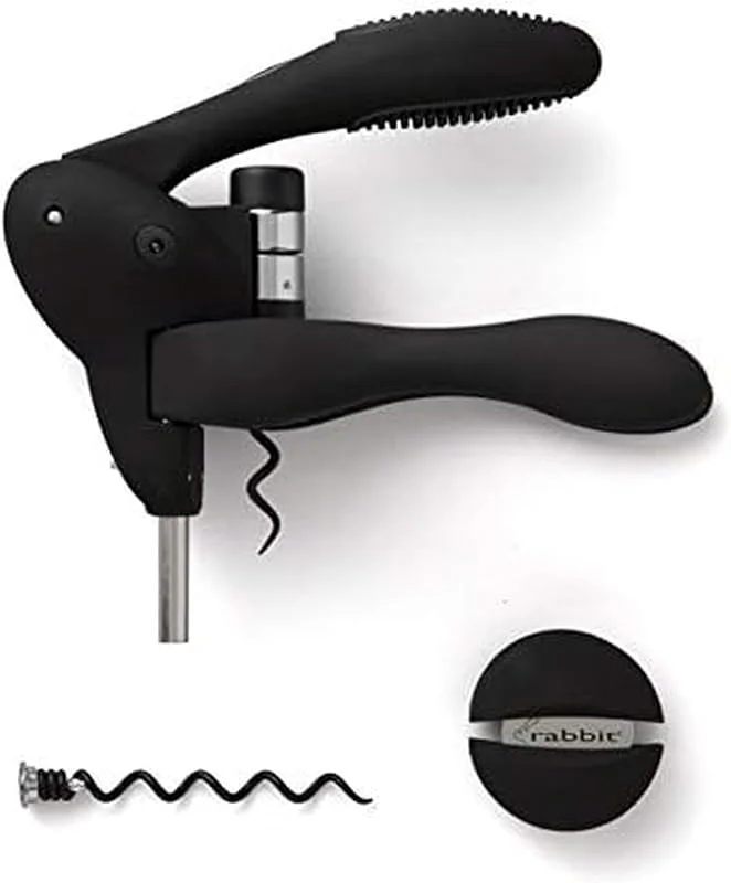 Rabbit W6004N - Sacacorchos de Palanca Original para Vino con cortacápsulas y Espiral Adicional, Acabado Negro, acción de Palanca Suave para una extracción del Corcho sin Esfuerzo — Vino y mesa festiva
