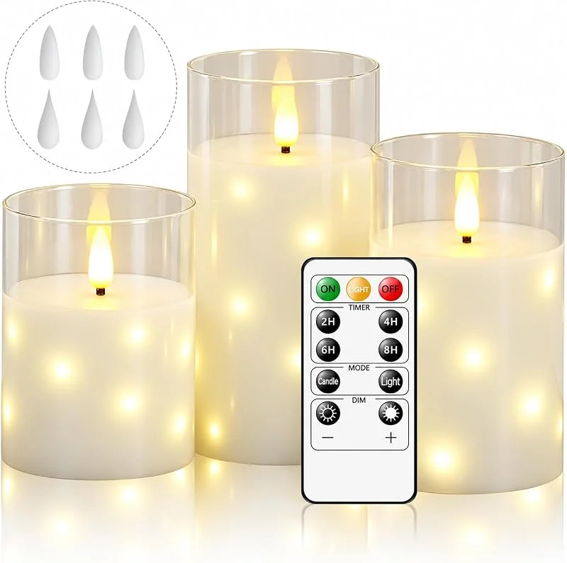 Visita la tienda de Cnulenzt Velas LED de cristal sin llama, funciona con pilas con cadena de luces de estrella integrada, velas LED con mando a distancia y temporizador, boda, decoración del hogar, juego de 3 unidades — Cena a la luz de velas