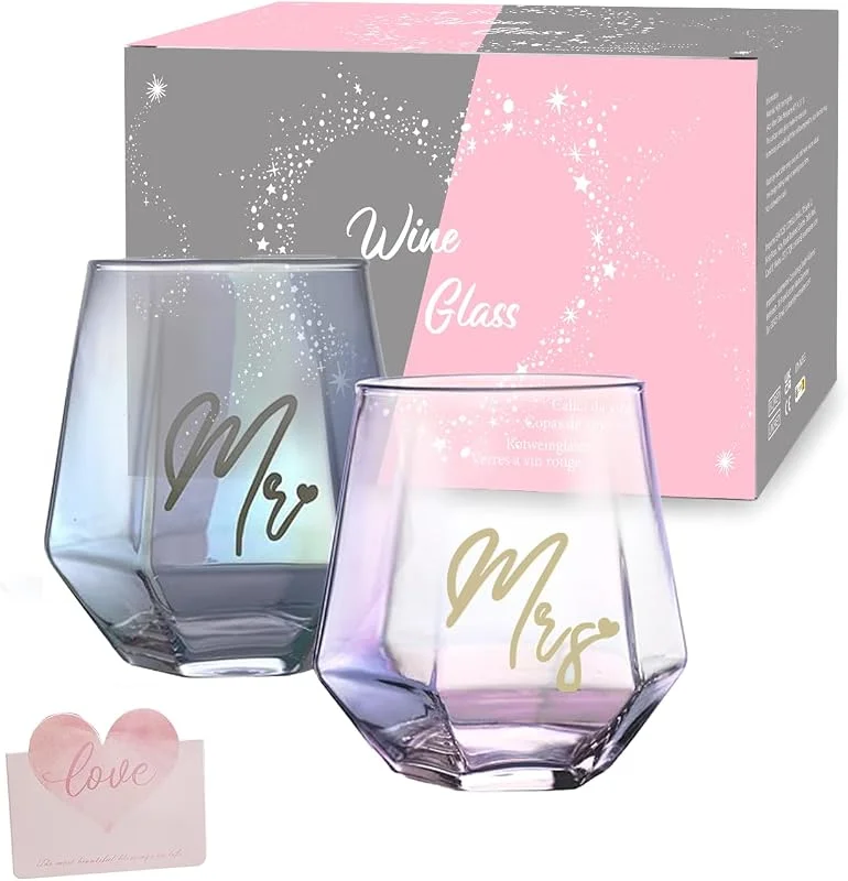 BigNoseDeer Mr and Mrs - Juego de copas de vino para novia y novio, copas de vino, regalos para pareja de aniversario, regalos para fiesta de novia, compromiso, Navidad, San Valentín — Vino y mesa festiva