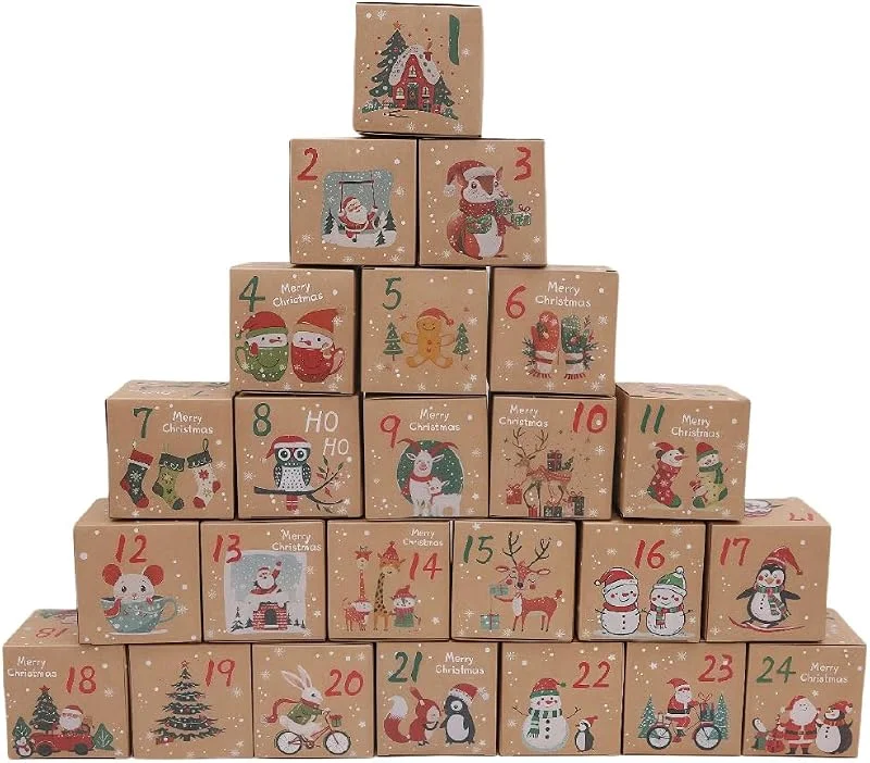 DAHI Calendario de Adviento para rellenar, 24 cajas de calendario de Adviento, bonita bolsa de regalo, cajas con motivos navideños (Beige-D) — Adviento y mesa