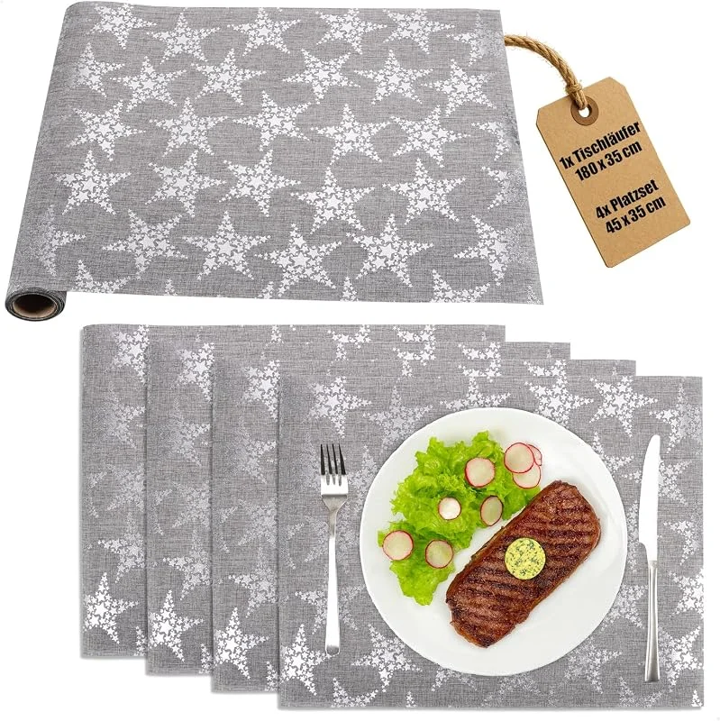 Visita la tienda de com-four COM-FOUR® Un Juego de Mesa de 5 Piezas con un Camino de Mesa y un Mantel - Cinta de Mesa y Mantel Individual para la Navidad - El Posavasos para la decoración de la Mesa (Gris, Plateado) — Hogar y cocina