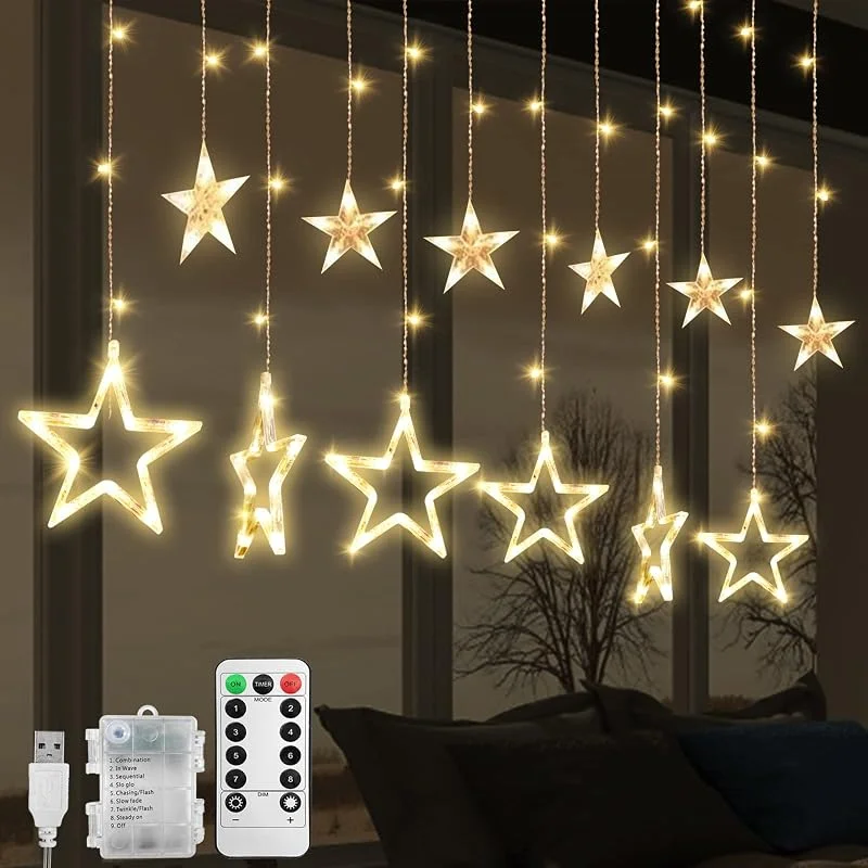 Jsdoin Cortina de luces con 12 Estrella, Guirnalda Luces de Navidad Decorativas 2.5m 138 LED, 8 modos de parpadeoLuces De Cortina De Ventana Blanco Calido, Decoración Para La Navidad — Decoracion Navidad