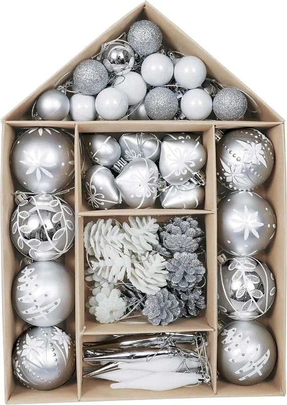 Visita la tienda de Victor's Workshop Victor's Workshop 70Pcs Bolas de Navidad Set, Adornos de Navidad para Arbol, Decoración de Bolas Navideños Inastillable Plástico de Plata y Blanco, Regalos de Colgantes de Navidad (Invierno Congelada) — Decoracion Navidad