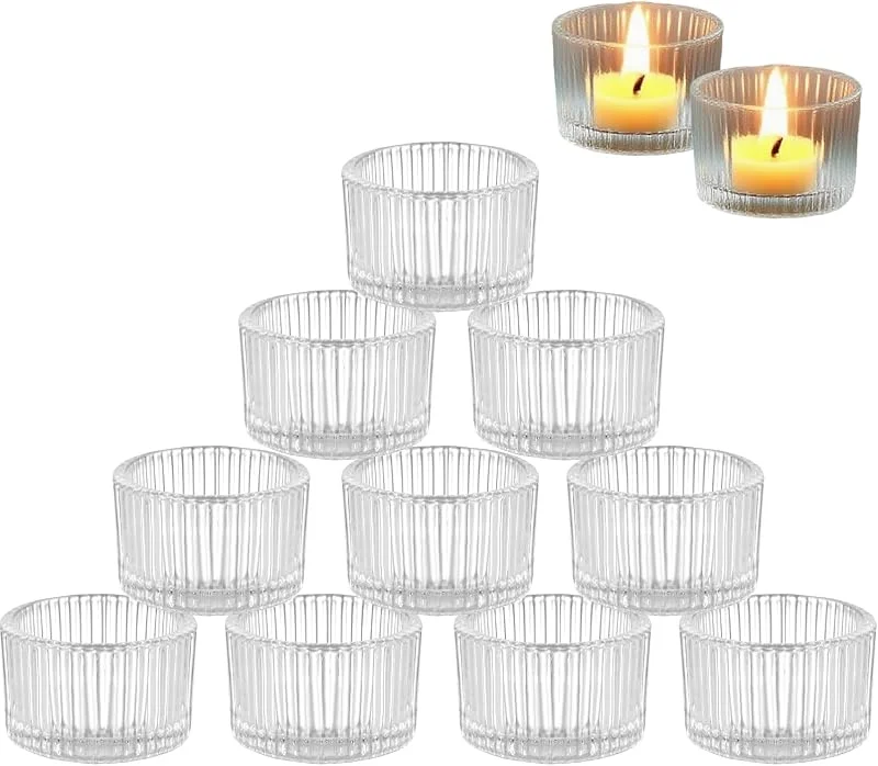 VIQIHEOE Portavelas de Té de Cristal, 5 cm x 3, 5 cm, Juego de 12 Portavelas de Té Transparentes de Cristal, Porta Velas Pequeñas, para Decoración de Mesa, Navideñas, Bodas, Fiestas, Hogar, Transparente — Cena a la luz de velas