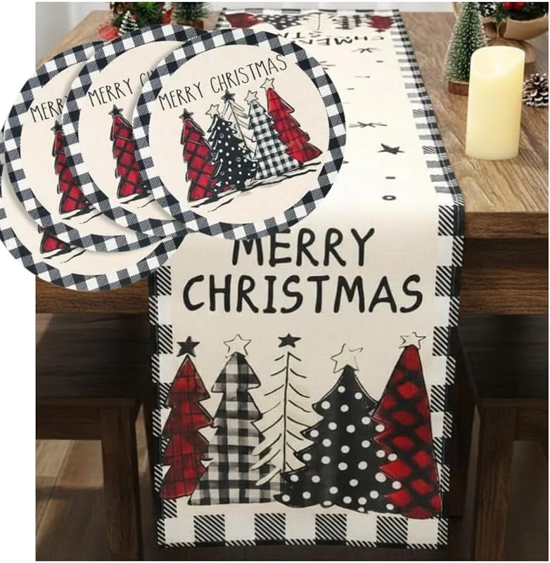 Genérico Camino de Mesa Navidad, 183 X 33 cms. Set 5 Piezas Incluye 4 Manteles Individuales Redondos 38 cm. Decoración de Navidad, Cena Navideña . — Hogar y cocina