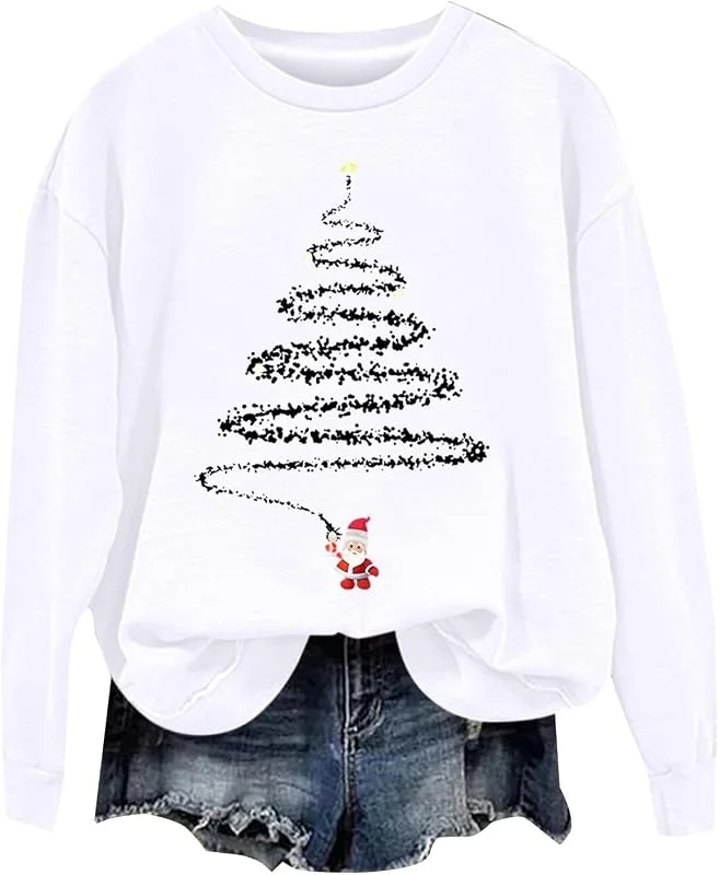 tacniseyw Jersey de Navidad para mujer, talla grande, diseño de árbol de Navidad, sudadera de manga larga para mujer, camiseta fea de Navidad, talla grande, cuello redondo, suéter de invierno — Ropa Navidad