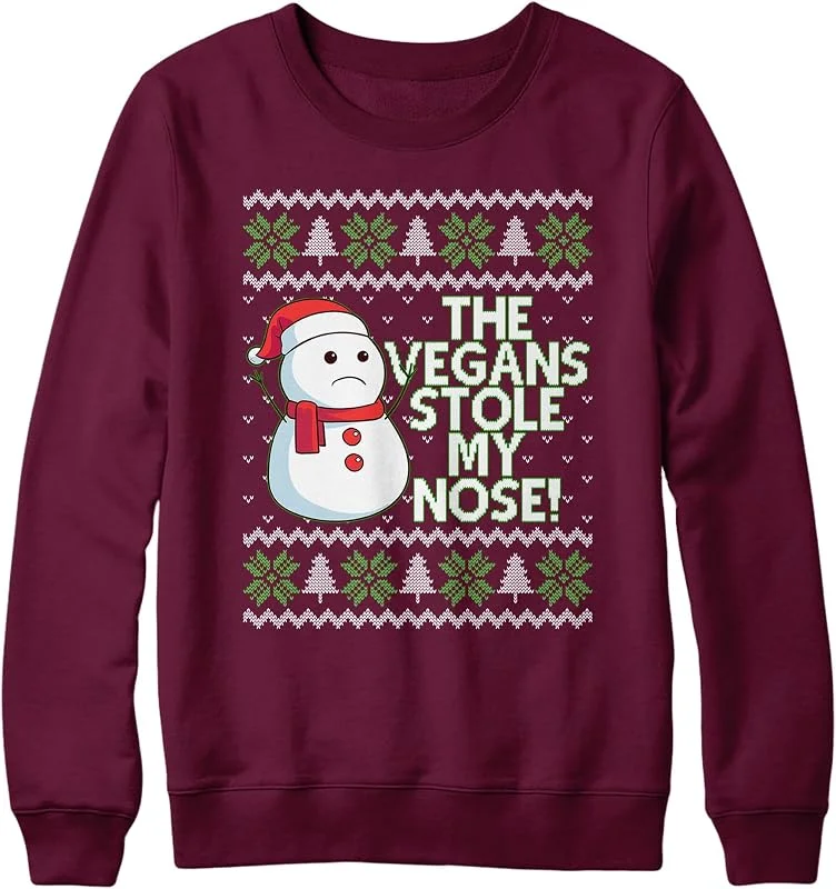 Purple Print House Suéter de Navidad vegano de muñeco de nieve, divertido y único The Vegans Stole My Nose Christmas Jumper, camiseta de regalo para vegetarianos, regalo simple para hombres y mujeres — Ropa Navidad
