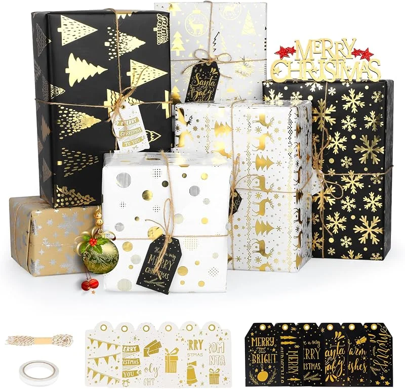Cakuni Papel de Regalo Navidad, Papel de regalo Oro y Negro 6 Hojas Juego Papel Envolver Regalo Impreso con Patrones como Copos de Nieve, Papá Noel y Arbol de Navidad para Navidad, Año Nuevo, Fiestas, 70x50CM — Envoltorio regalo