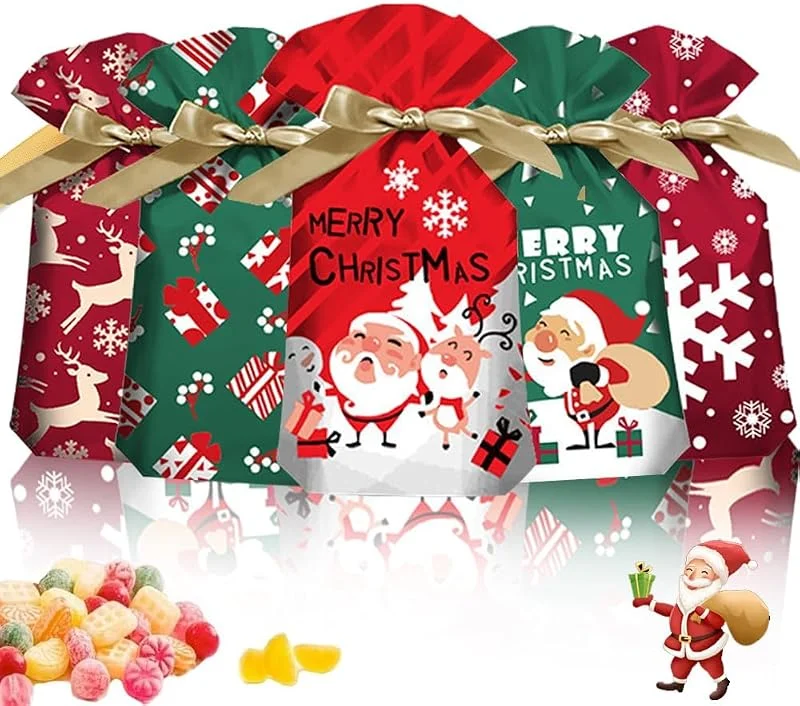 Anyingkai 50pcs Bolsa de Dulces Navideños, Bolsa de Dulces set, Bolsas de Regalo de Comunion, Bolsas de Regalo con Cordón de Navidad, Bolsas de Regalo con Cordón, Bolsa Navidad (Clásico-B) — Envoltorio regalo