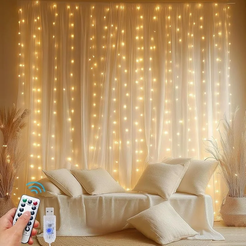 A.bigwhale Cortina Luminosa Blanco Cálido 3 m x 3 m, 300 LED Guirnaldas luminosas de interior, Guirnalda Luces Navidad, Cadena Luminosa con Mando para Boda Habitación Pared Fiesta Decoración Navideña