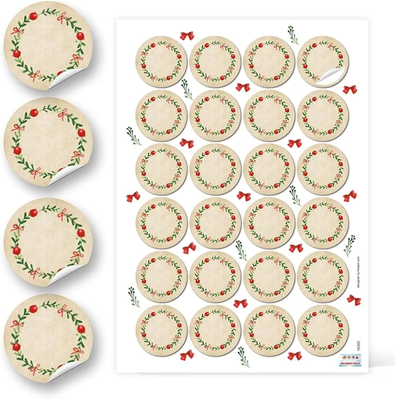 Visita la tienda de Logbuch-Verlag Logbuch-Verlag Pack de 24 pegatinas redondas en tonos beige con diseño corona de navidad para escribir 4 cm - pegatinas bonitas de navidad para poner nombre a los regalos — Envoltorio regalo