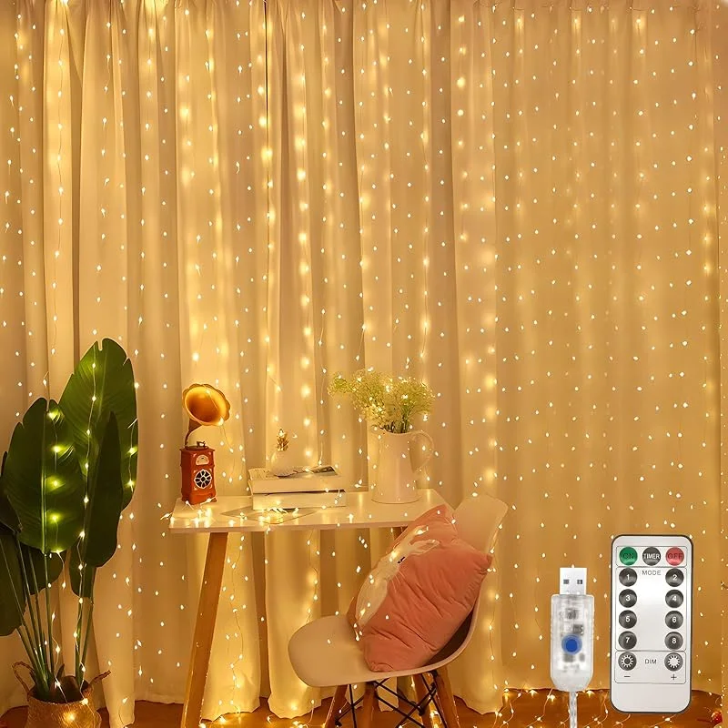 Jsdoin Cortina Luces, 3.6 x 3M con Control Remoto 8 Modos de USB Cortina de Luces Navidad Exterior, 360 LED Cortina LED Decoración para Navidad Jardín Habitación Cortina（Blanco Cálido） — Decoracion Navidad