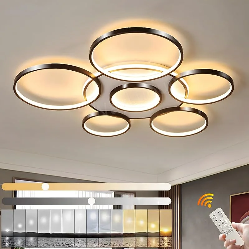 WayLuoung Luz De Techo LED, Lámpara De Techo Moderna De 7 Anillos Para Sala De, Círculo Redondo negra 120W, Ø110cm, 2800K-6000K Regulable Con Mando A Distancia, Lámpara De Techo Interior Para Restaurante — Cena a la luz de velas