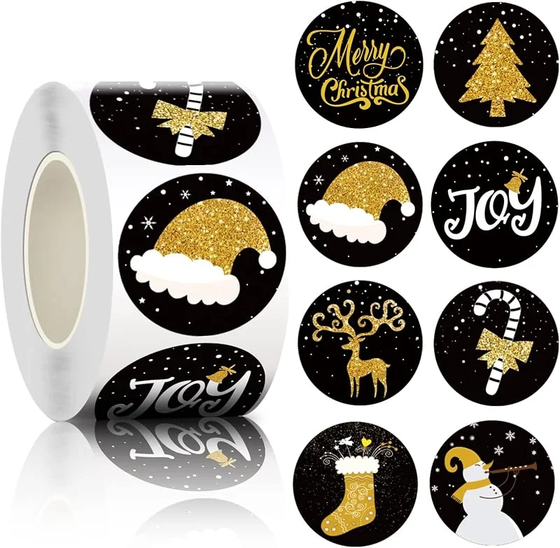 Visita la tienda de Kalolary 500 Piezas Rollo Pegatinas Navideñas, Kalolary Etiquetas Navideñas Redondas Doradas Negras Autoadhesivas Engomadas Navidad Adhesivas Sobres con 8 Patrones Navideños Tarjetas Cajas Regalo Decoración — Envoltorio regalo