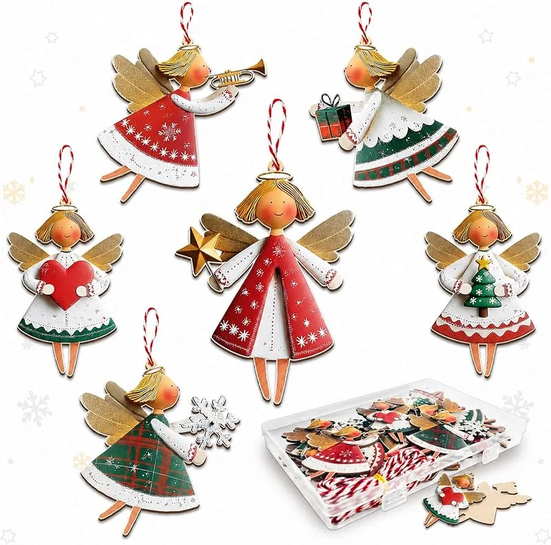 Yahusuhil 24 Piezas de Adornos de árbol de Navidad de Madera, ángel — Decoracion Navidad
