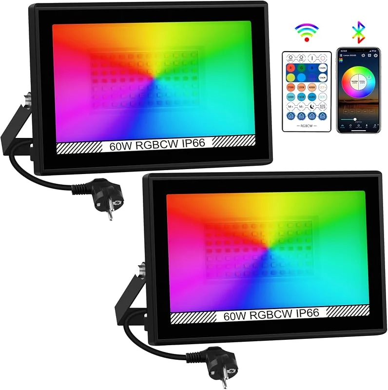 Visita la tienda de T-SUNUS Foco LED Exterior RGB 60W, T-SUNUS Proyector RGB Exterior con control por App Bluetooth y Mando a Distancia, Memoria Temporización, Luces LED Colores para Terraza Fiesta Halloween Navidad 2 Piezas — Luces Navidad