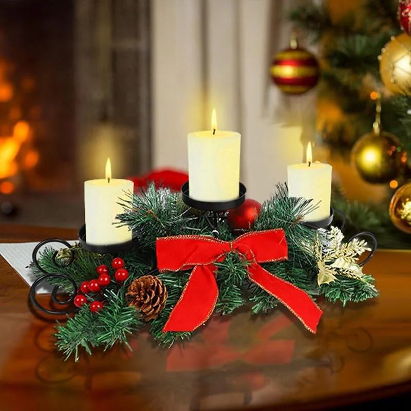 MorTime Portavelas de Navidad, decoración de Mesa de Navidad con piñas, Bayas Rojas y piñas, Centro de Mesa con Base de Acero para decoración navideña — Decoracion Navidad