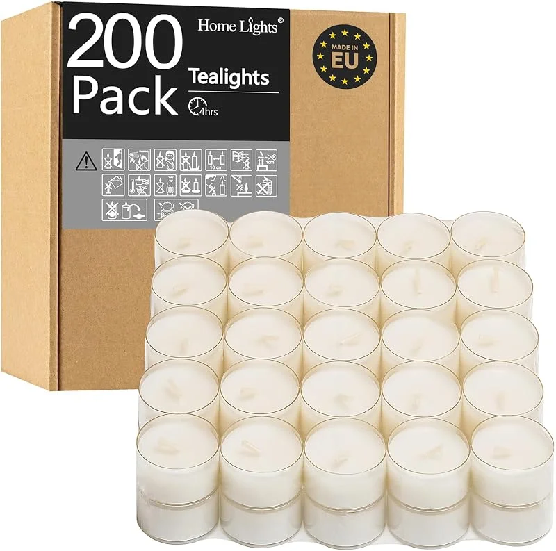 Home Lights Velas de té, gigantes, 100, 200, 300 paquetes a granel, 4-4.5 horas, color blanco, sin perfume, sin humo, taza de té transparente para Shabat, bodas, Navidad, decorativas, paquete de 200 — Cena a la luz de velas