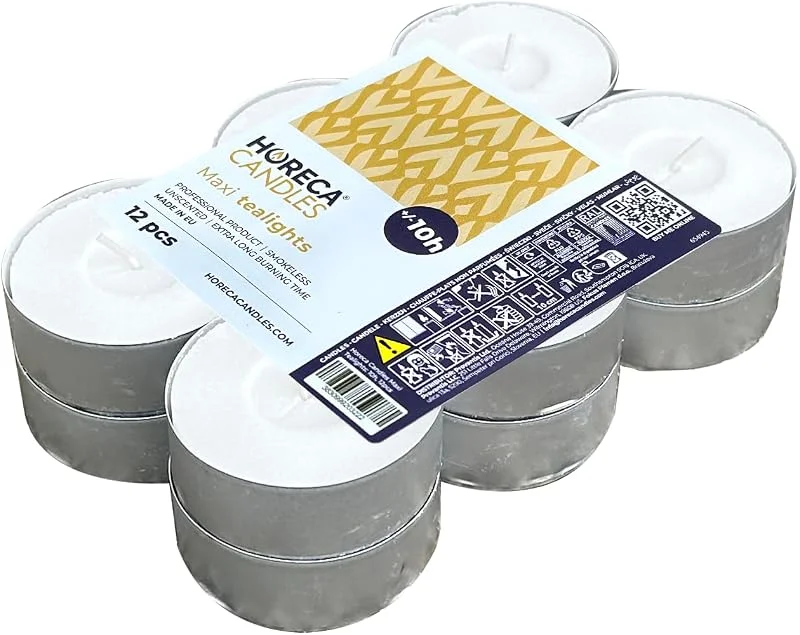 Horeca Candles – Velas de té grandes, no perfumadas, sin perfume, 57 x 22 mm, duración de combustión de 10 horas, cera antigoteo – 1 juego de 12 velas — Cena a la luz de velas