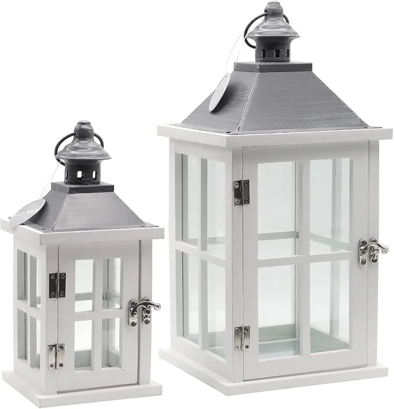 Dekovita 27cm+42cm Farol de Madera Blanco - Linterna de Jardín con Ventana de Cristal y Asa - Deco Vela Lámpara — Cena a la luz de velas