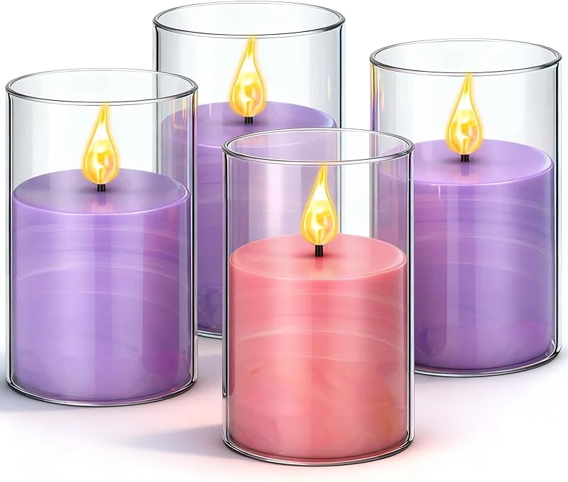 BBTO Juego de 4 velas de Adviento sin llama, pilar cónico LED, velas de Adviento parpadeantes, funciona con pilas, para decoración de iglesia de corona de Navidad (4 pulgadas, pilar rústico) — Cena a la luz de velas