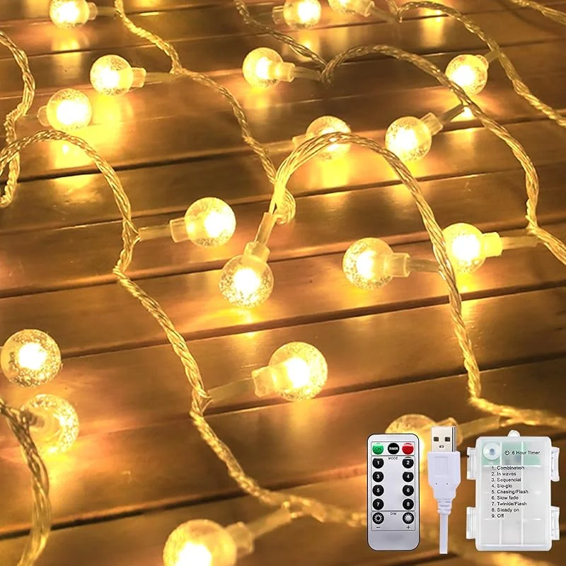 Visita la tienda de taiyongkang taiyongkang Cadena de luces con batería y USB, 12 m, 100 leds, cristal, para interior y exterior, control remoto, 8 modos, temporizador, luces de Navidad para boda, camping, balcón, Navidad, caravana — Luces Navidad